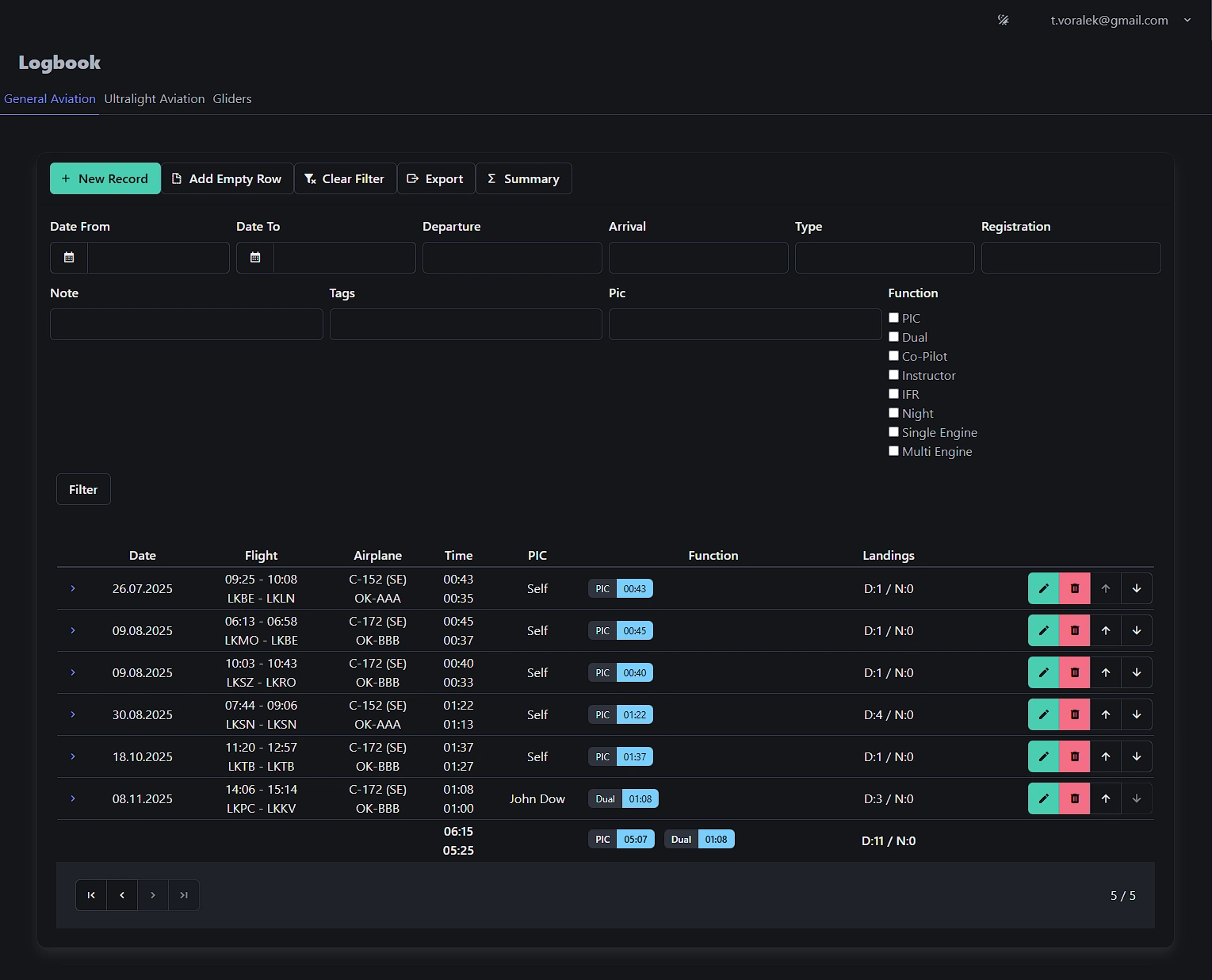 List of flights in the app